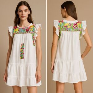 J. Marie Floral Embroidered Shift Marie Dress Sz L Boho Cottagecore Pockets EUC